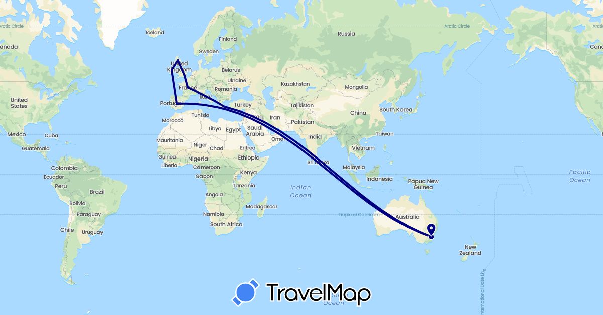 TravelMap itinerary: driving in Australia, Spain, France, United Kingdom, Greece, Ireland, Italy (Europe, Oceania)